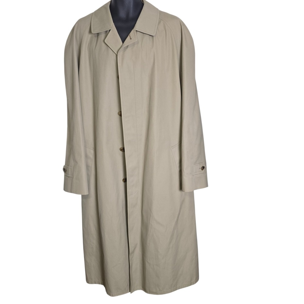 Orvis Mens Tan Trench Coat Khaki Overcoat 100% Wool Liner 42 Long Made in USA